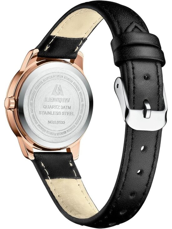 Women Black Rose Gold Leather Strap Analog Quartz Luminous Dial Waterproof Watch main image 7